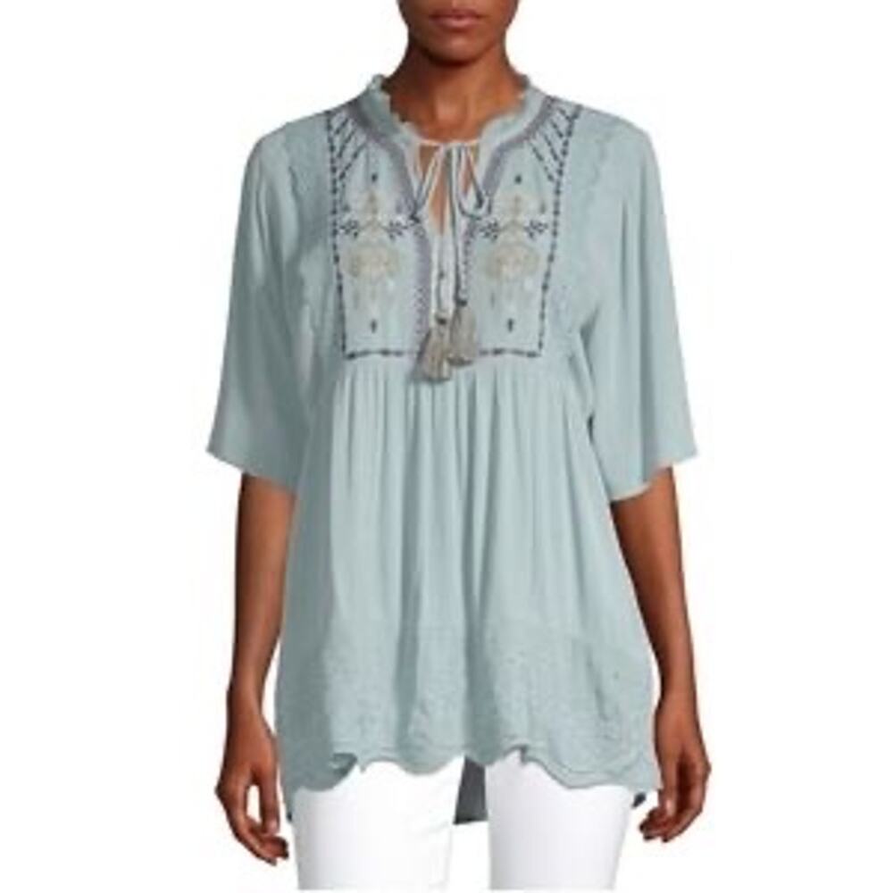 Artesia XXL Blue Embroidered Short Sleeve Peasant Blouse Tie Front Cottage Boho